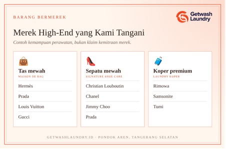 Title: Merek high-end yang dapat ditangani Getwash - Description: Merek high-end yang dapat ditangani Getwash: tas Hermès, Prada, Louis Vuitton, Gucci; sepatu Christian Louboutin, Chanel, Jimmy Choo, Prada; koper Rimowa, Samsonite, Tumi